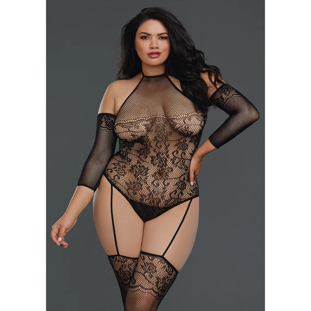 Fishnet Bodystocking mit hohem Kragen und freien Schultern für kurvige Frauen – Dreamgirl – Bild 2