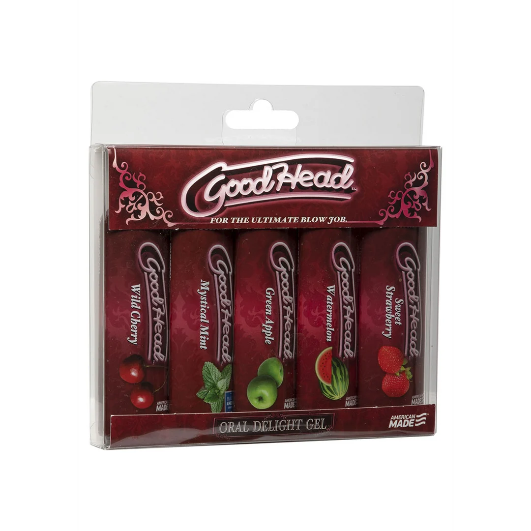 1360-11-BX-2 Gleitgel mit Geschmack – GoodHead Oralgel 5er Pack für Oralverkehr – Kirsche, Minze, Wassermelone, grüner Apfel, süße Erdbeere – 5 x 1 fl oz / 30 ml – Doc Johnson – Bild 1