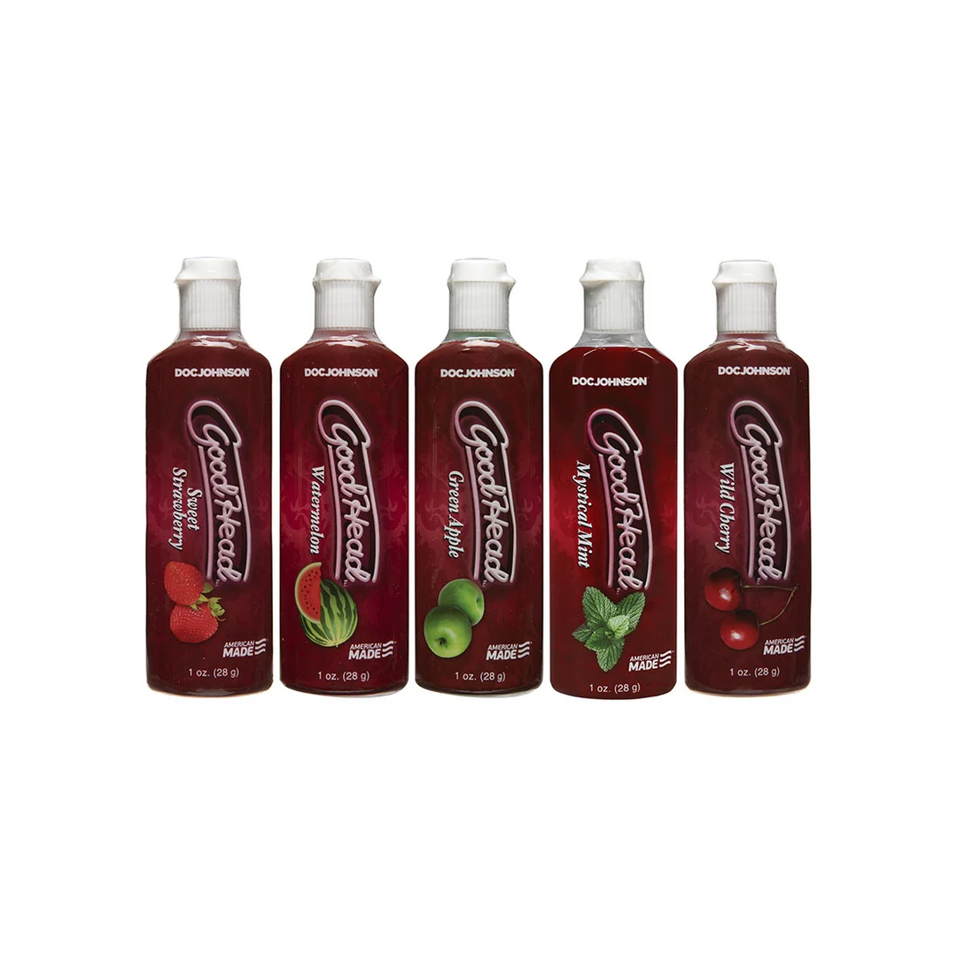 Gleitgel mit Geschmack – GoodHead Oralgel 5er Pack für Oralverkehr – Kirsche, Minze, Wassermelone, grüner Apfel, süße Erdbeere – 5 x 1 fl oz / 30 ml – Doc Johnson – Bild 2