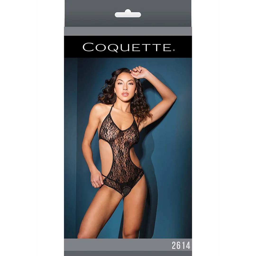 2614BLK-OS-2 Spitzen Neckholder Teddy mit offenem Schritt für einen verführerischen Look – LIN – Bild 1