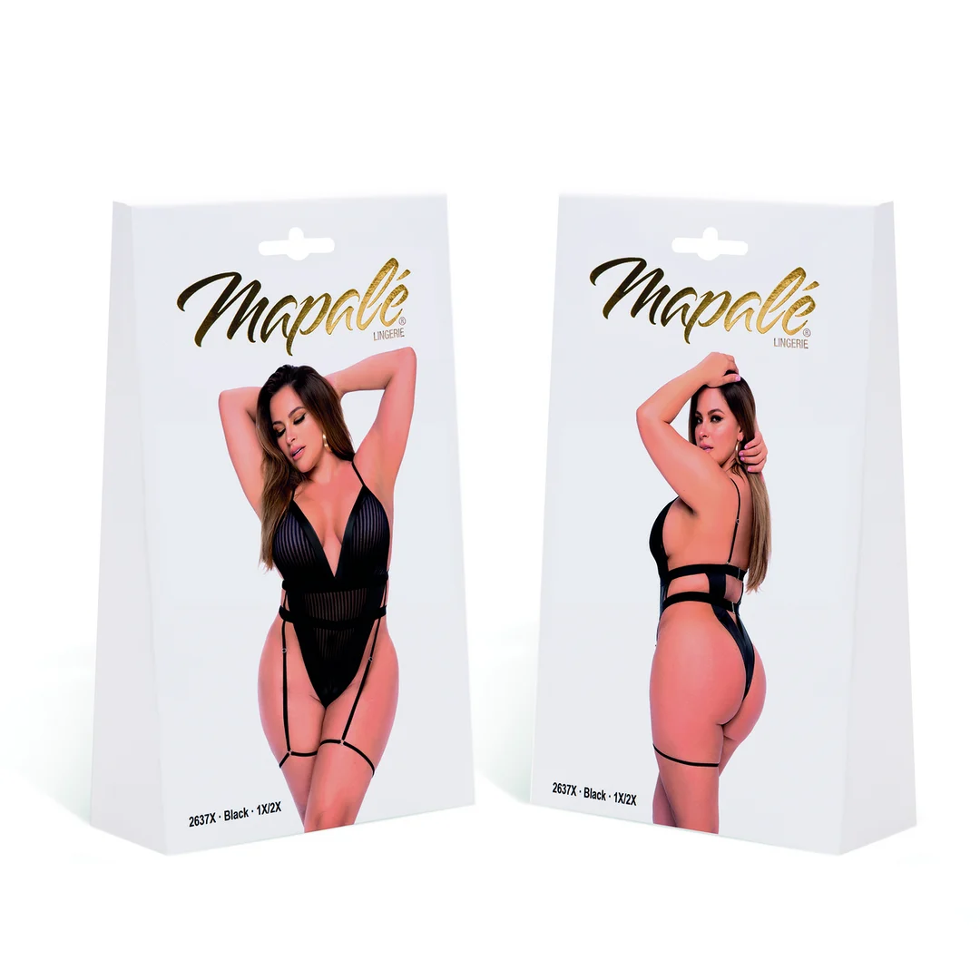 2637XBLK1-2X-2 Mapalé schwarzer Body mit Mesh und Kunstlederdetails – Bild 1
