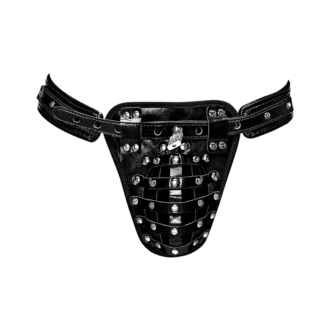 Herrenstring mit Chastity Cage und Kunstleder Pouch für einen kinky Look – Male Power – Bild 2