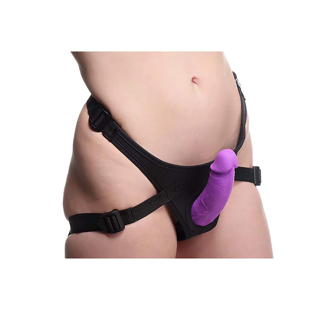 Strap on mit verstellbarem Gurt: Double Charmer, doppelter Silikondildo mit Harness – Bild 3