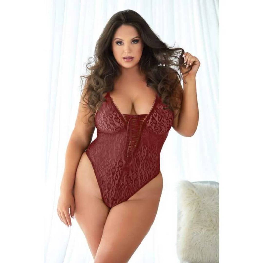 Allure Spitzen Teddy mit Leopardenmuster in Rubinrot – Bild 2