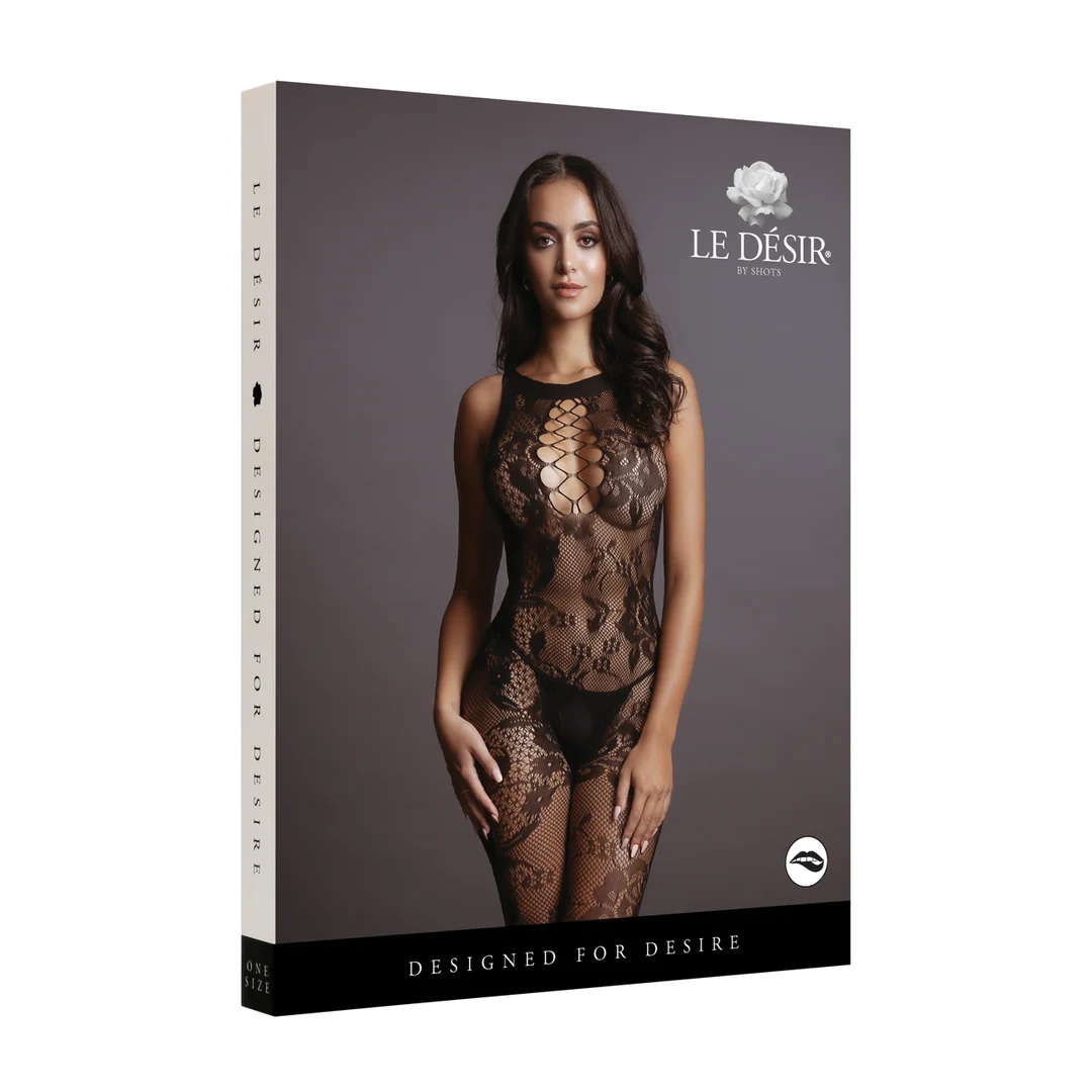 Bodystocking für kurvige Figuren mit hohem Spitzenkragen und offenem Schritt – LIN – Bild 7