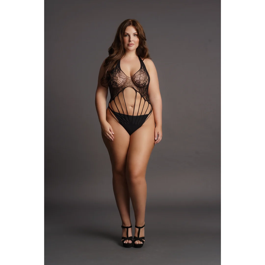 Body aus Spitze für kurvige Formen mit Neckholder und Riemchendetails – LIN – Bild 4
