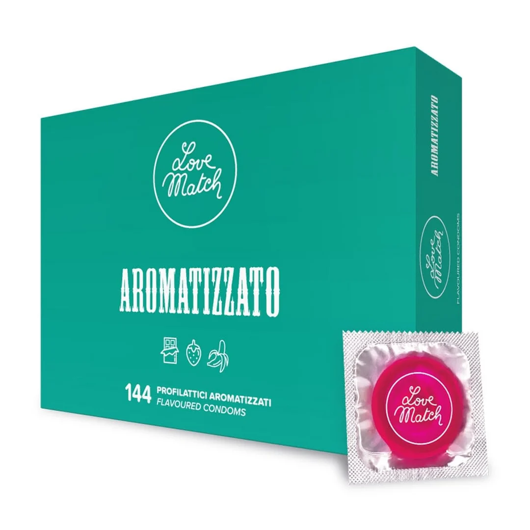 Aromatisierte Kondome mit Schokolade, Erdbeere und Banane, 144 Stück, Love Match – Bild 2