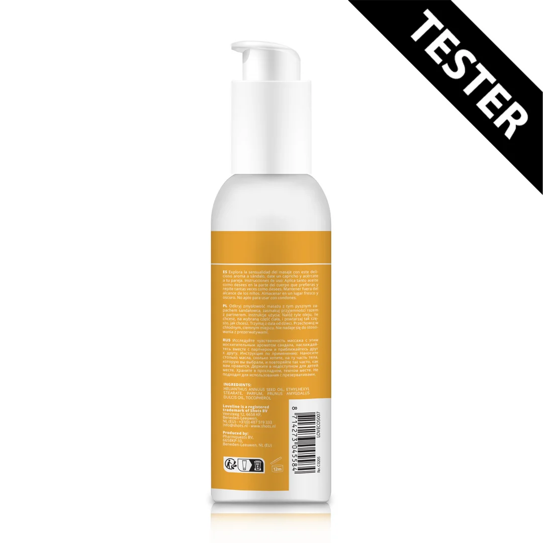 LOVECOS007TEST-5 Erotisches Massageöl mit sinnlichem Sandelholzduft – Loveline by Shots – 150 ml Tester – Bild 1