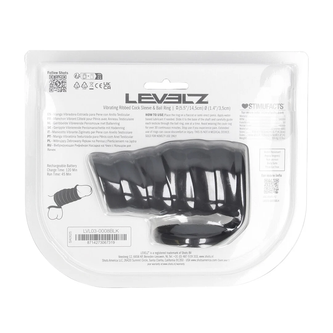 Levelz by Shots gerippte Silikon Penis Sleeve mit Vibration und Ballring, Schwarz – Bild 2