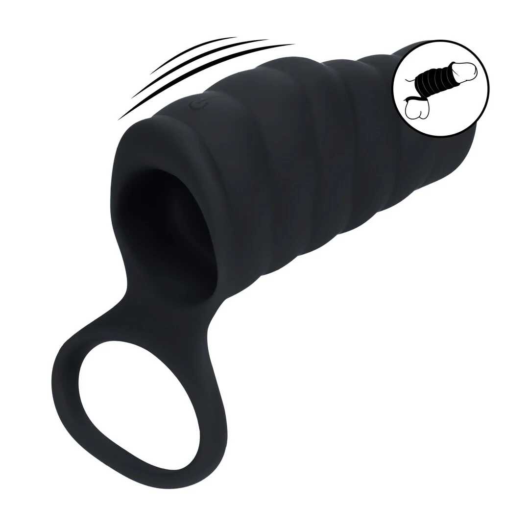 Levelz by Shots gerippte Silikon Penis Sleeve mit Vibration und Ballring, Schwarz – Bild 6