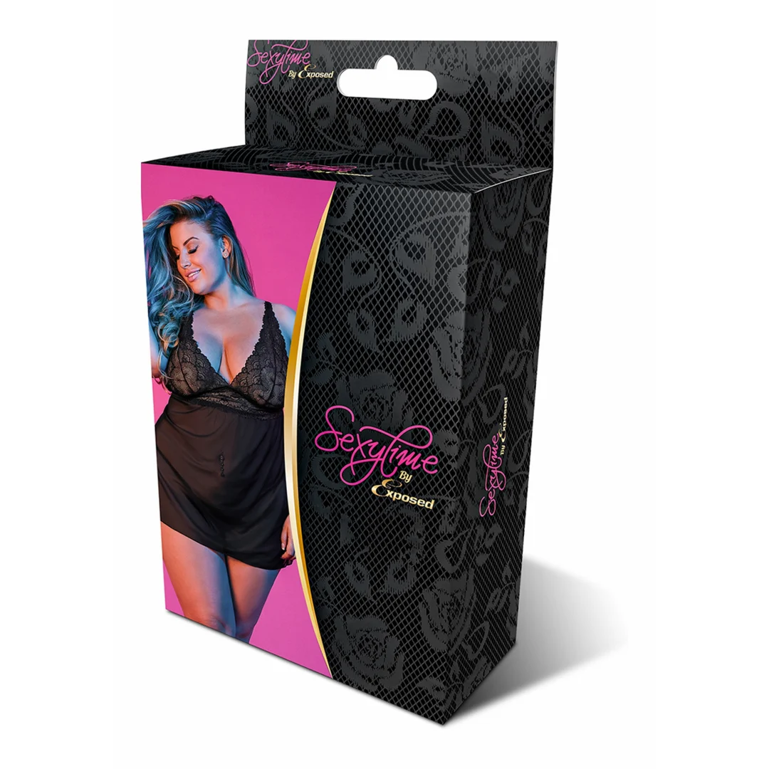 Schwarzes Babydoll Set mit offenem Rücken und String, Größe 2X – Bild 1