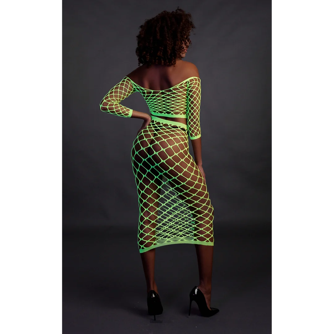Neongrünes Crop Top mit langem Rock – Bild 4