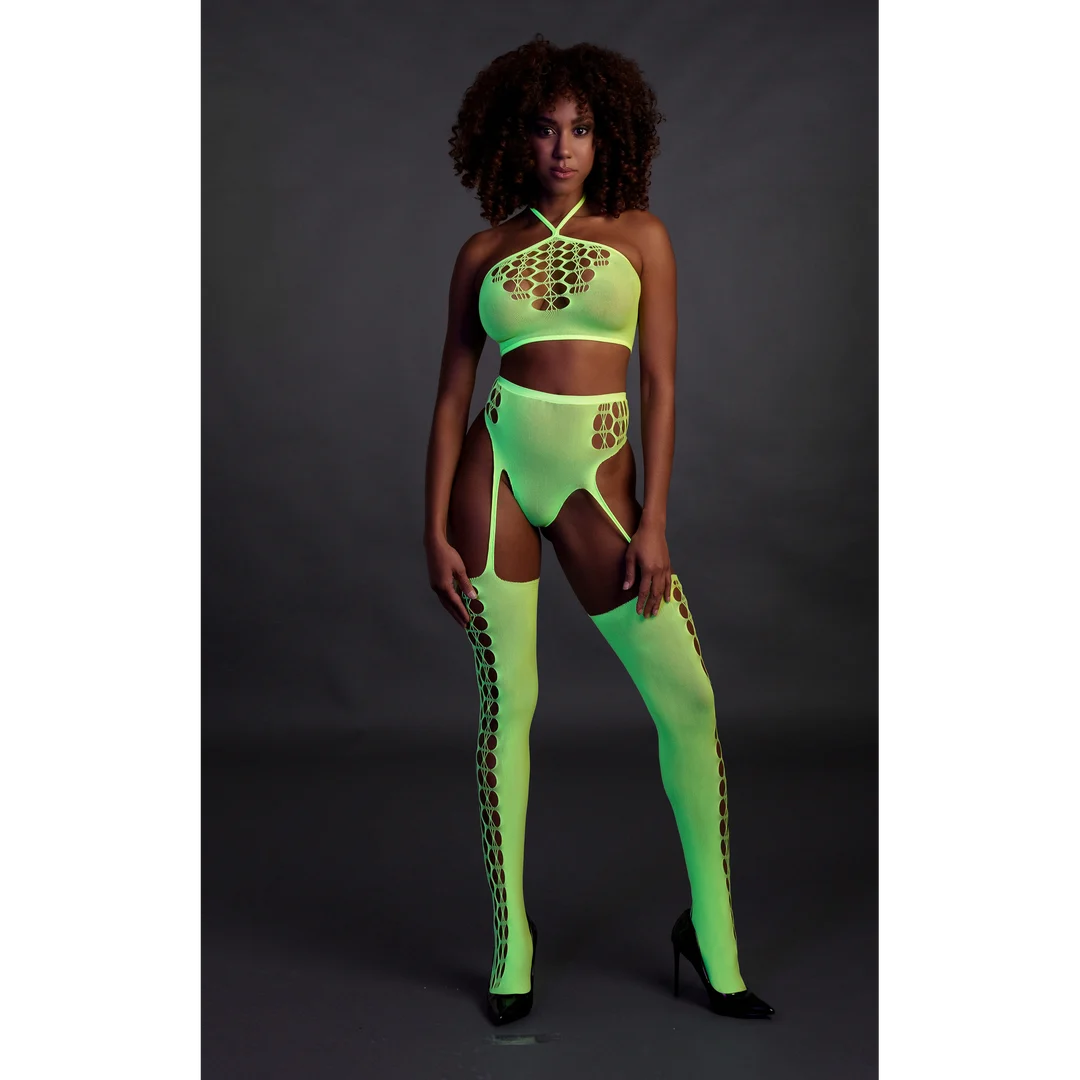 Neongrünes Set mit Crop Top und Strümpfen – Bild 3