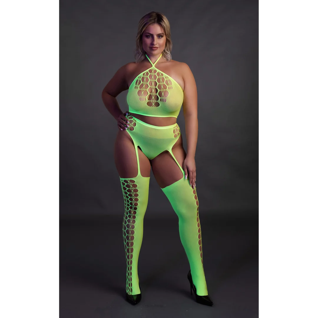 Neongrünes Set mit Crop Top und Strümpfen – Bild 9