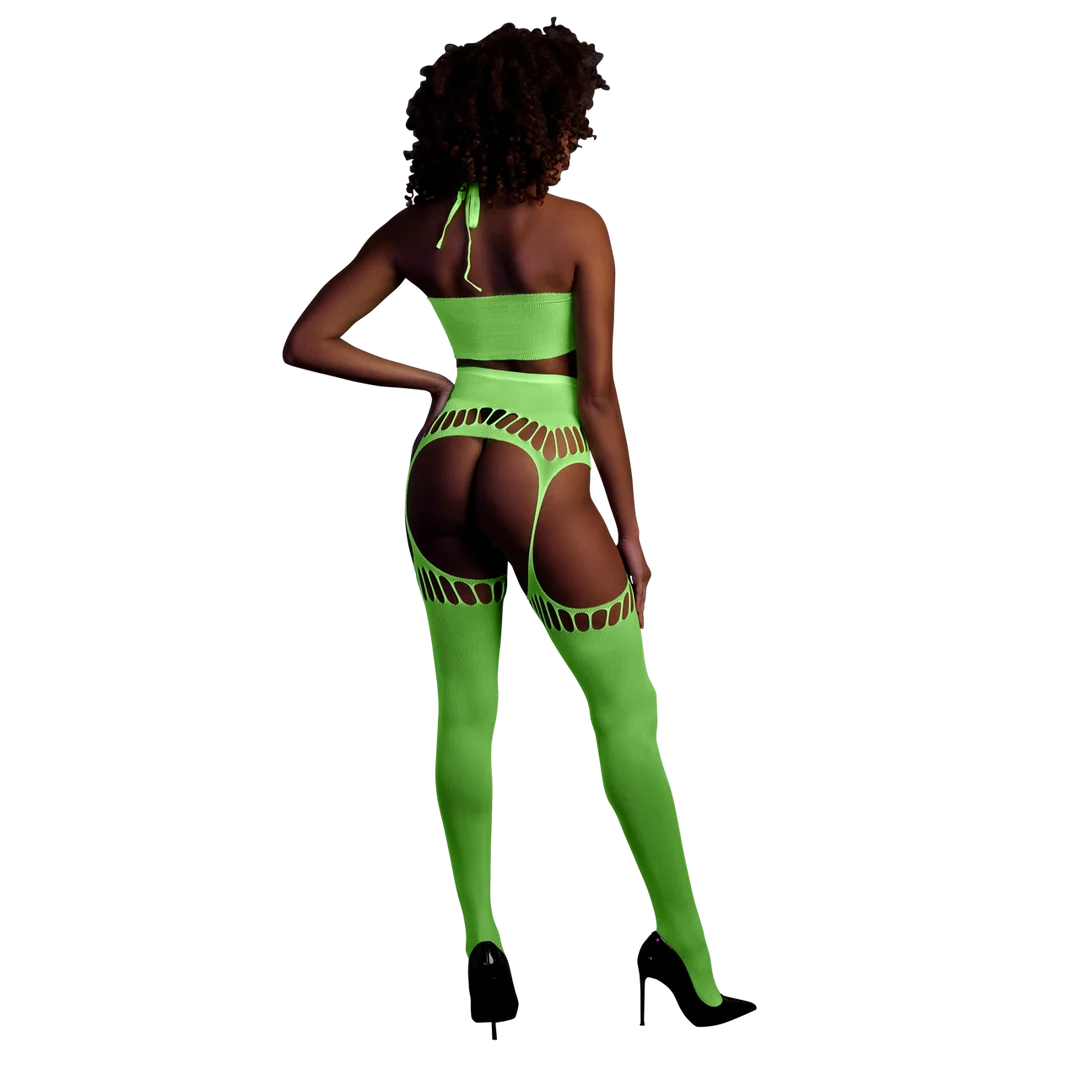 Neongrünes Set mit Crop Top und Strümpfen – Bild 2