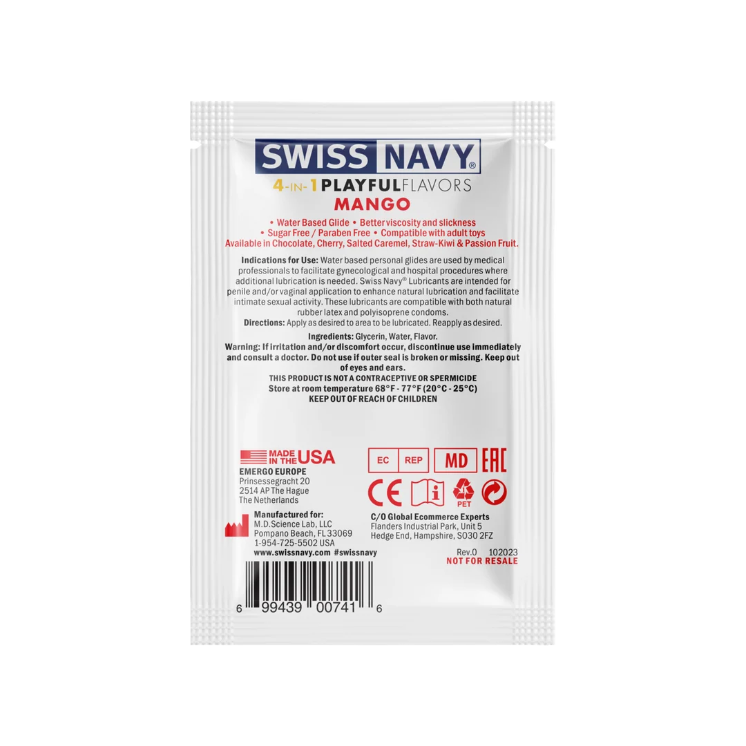 Aromatisiertes Gleitgel – 4 in 1 Playful Flavors, essbar und wärmend – Mango – Sachet mit 5 ml – Swiss Navy – Bild 8